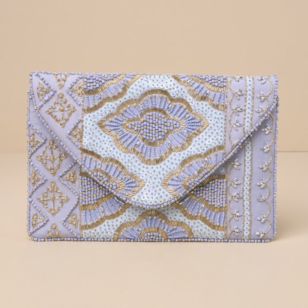 Lulus Etched In Stone Light Blue Beaded Clutch